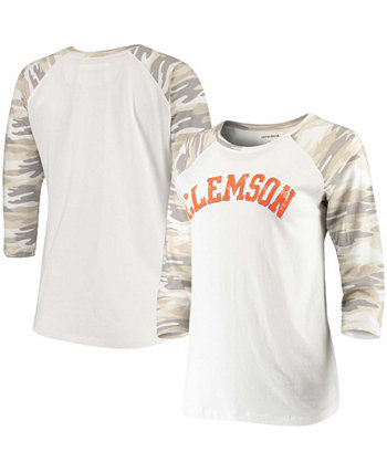 Женская белая футболка с камуфляжным принтом Clemson Tigers Boyfriend Baseball с рукавами реглан и рукавами 3/4 Camp David
