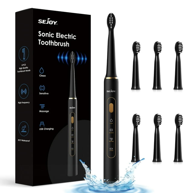 Sejoy Rechargeable Toothbrush Electric with 7 Tooth Heads,for Adults and Kids,Power Sonic Tooth Brush Soft Cleaning,3 Modes ,Smart Timer for Home Travel,Gift,Black Sejoy