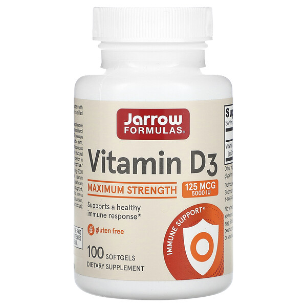 Витамин D3, холекальциферол, 125 мкг (5000 МЕ), 100 мягких таблеток Jarrow Formulas