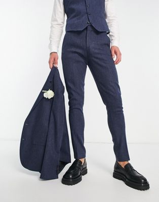 Темно-синие узкие брюки из смесовой шерсти ASOS DESIGN Wedding с узором «елочка» ASOS DESIGN