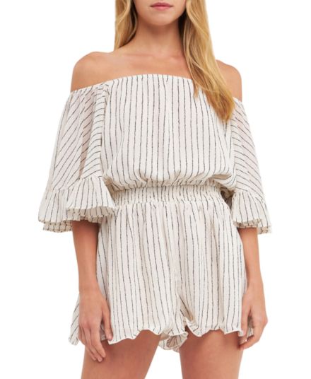 Off-The-Shoulder Striped Romper Free the Roses