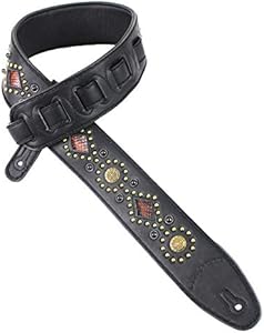 Walker And Williams GTR-20-BB Black On Black Sedona Special Guitar Strap With Padded Back, Snakeskin Inserts, Brass Studs & Rivets For Acoustic, Electric, And Bass Guitars Walker & Williams