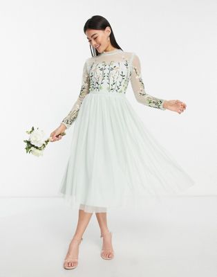 Frock and Frill Bridesmaid maxi dress with pleated skirt and embroidered top in sage Frock and Frill