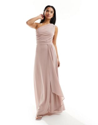 TFNC Petite Bridesmaid chiffon one shoulder drape maxi dress in soft pink TFNC