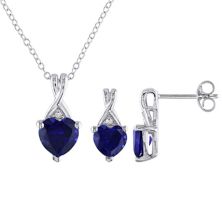 Стелла Грейс из стерлингового серебра, созданная в лаборатории, ожерелье и серьги-гвоздики с синим сапфиром и бриллиантами в форме сердца Stella Grace