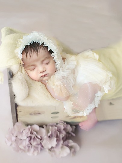 для новорождённых с аппликацией кружевной Платье-боди с шапкой Наряд для фотографий SHEIN