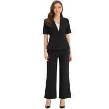 Women's 2 Pcs Outfits Business Office Suit Set One Button Short Sleeve Blazer Jacket And Suit Pants ALLEGRA K