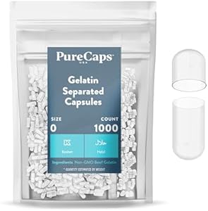 PureCaps USA - Empty Clear Gelatin Capsules (Капсулы) Size 0, 1,000 Empty Separated Gel (Гель) Pills, Non-GMO Certified, Kosher, Gluten Free and Halal Certified, Pure Beef Empty gel pill capsules PureCaps USA