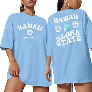 Hawaiian Shirts Women Oversized Aloha State Graphic Summer Hawaii Flower Tropical Beach Vacation Loose Casual Tees Tops UXQIEN