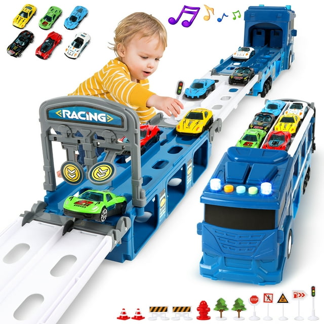 7 in 1 Carrier Truck Toy Cars for Toddlers 1-3 with Light and Sound, Christmas Birthday Gifts, Yellow Crtynell