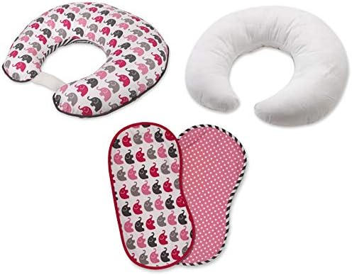 Bacati - Elephants 4 pc Nursing/Feeding Set Pillow Cover, Polyfilled Insert Pillow and 2 Burp made with Ultra-Soft 100% Cotton Fabric in a Fashionable Two-Sided Design (Pink/Grey) Bacati