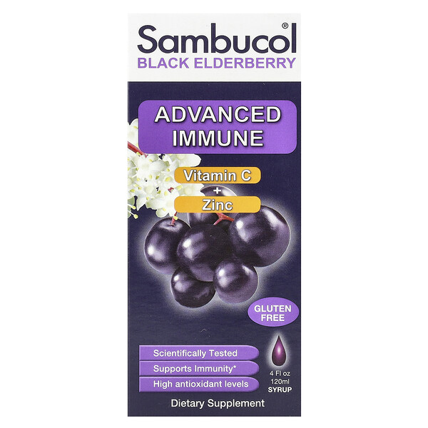 Сироп из черной бузины, улучшенный иммунитет, витамин С + цинк, натуральные ягоды, 4 жидких унции (120 мл) Sambucol