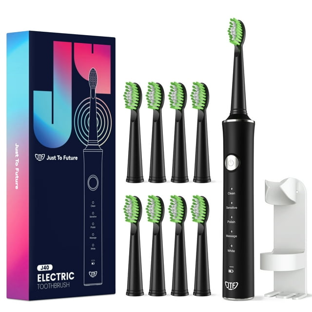 JTF Sonic Electric Toothbrush for Adults with 8 Brush Heads, Ultrasonic Power Toothbrush with 5 Modes & 2 Hours Fast Charge for 45 Days Use (Black) JTF