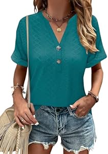 Micoson Short Sleeve Womens Tops Summer V Neck T-Shirts Dressy Casual Henley Blouses Button Basic Tee Loose Fit Micoson