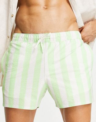 Короткие шорты для плавания из жатого хлопка ASOS DESIGN в светло-зеленую полоску ASOS DESIGN