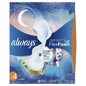 ALWAYS Infinity, Size 4, Overnight Sanitary Pads with Wings, Unscented (Choose Count) Always