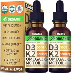 (2 Pack) Organic Vitamin D3 K2 Drops (Капли) w MCT Oil Omega 3, 5000 IU, Maximum Strength Vitamin D Liquid (Жидкость) 5000 IU, No Fillers, Non-GMO Liquid D3 for Faster Absorption & Immune Support (Mocha, 2 Fl Oz) NUSAVA