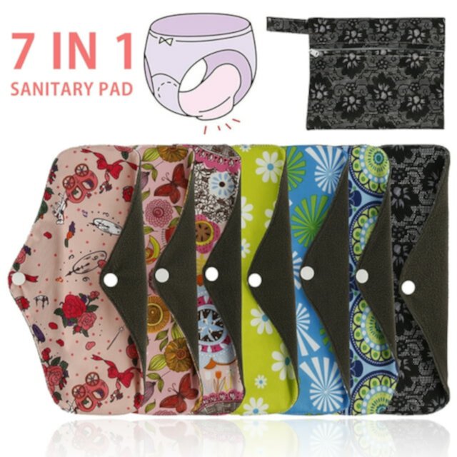 7Pcs Sanitary Pad, Reusable Menstrual Pads Bamboo Cloth Pads for Heavy Flow with Wet Bag, Large Sanitary Pads Set with Wings for Women, Washable Overnight Cloth Panty Liners Period Pads Pluokvzr