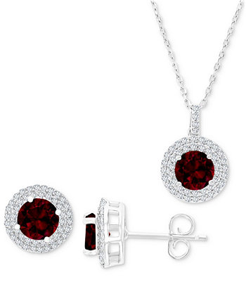 2-Pc. Set Garnet (3-7/8 ct. t.w.) & Lab-Grown White Sapphire (1 ct. t.w.) Halo Pendant Necklace & Matching Stud Earrings in Sterling Silver Macy's