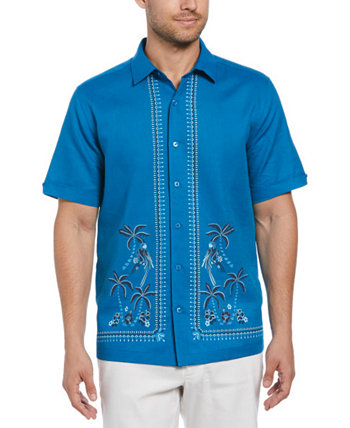 Мужская рубашка из смесового льна с коротким рукавом L-образной формы с тропическим принтом и пуговицами спереди Cubavera