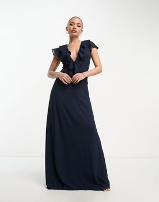 Темно-синее шифоновое платье макси с оборками TFNC Bridesmaid TFNC
