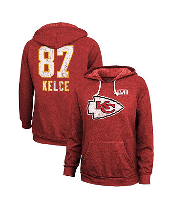 Женские нитки Travis Kelce Red Distressed Kansas City Chiefs Super Bowl LVIII Имя и номер игрока Пуловер с капюшоном Tri-Blend Majestic