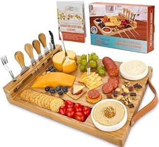 Charcuterie Boards with Handles - Bamboo Cheese Board with Knife Set, Wine Opener, Ceramic Bowls & Forks - Magnetic Utensils Holder, Gift for Housewarming, Weddings & Anniversaries + Recipe Book House Ur Home