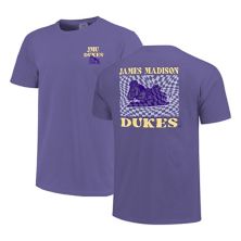 Women's Purple James Madison Dukes Comfort Colors Checkered Mascot T-Shirt Image One