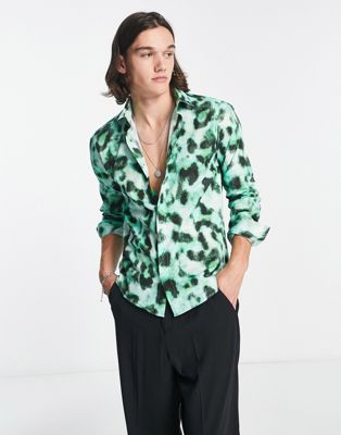Неоново-зеленая рубашка с леопардовым принтом Twisted Tailor Burgess Twisted Tailor