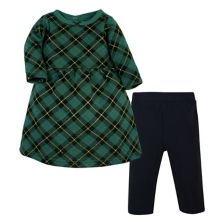 Hudson Baby Infant and Toddler Girl Quilted Cotton Dress and Leggings, Forest Green Plaid Hudson Baby