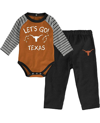 Infant Boys and Girls Texas Orange, Black Texas Longhorns Touchdown 2.0 Raglan Long Sleeve Bodysuit and Pants Set Genuine Stuff