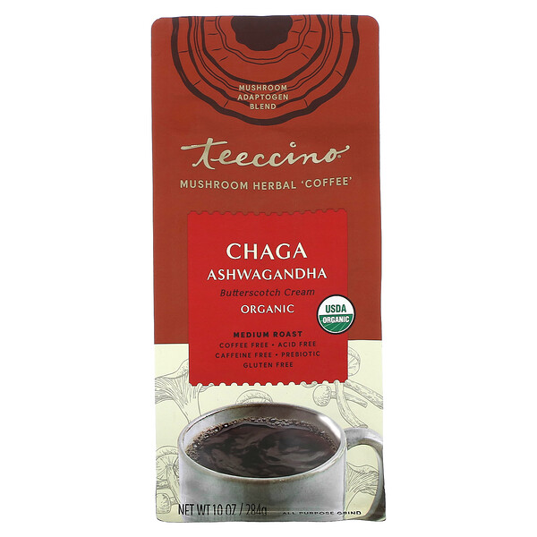 Mushroom Herbal Coffee, Medium Roast, Chaga Ashwagandha, без кофеина, 10 унций (284 г) Teeccino