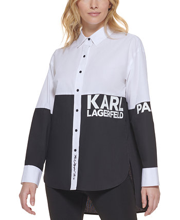 Хлопковый топ на пуговицах с цветными блоками Karl Lagerfeld Paris