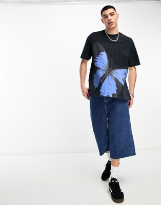 Good For Nothing oversized t-shirt in black acid wash with large butterfly print Good For Nothing