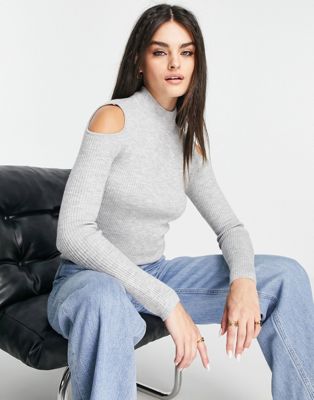  Серебристо-серый вересковый свитер скинни в рубчик с вырезами M Lounge M Lounge