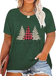 Women Plus Size Christmas Shirt Funny Merry Christmas Tree Short Sleeve T-Shirt Leopard Plaid Xmas Tree Tee Tops Chulianyouhuo