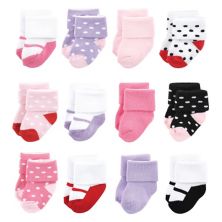 Luvable Friends Baby Girl Newborn and Baby Terry Socks, Coral Lilac Mary Janes 12-Pack Luvable Friends