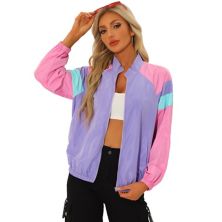 Casual Colorblock Jacket For Women's Stand Collar Zip Pockets Long Sleeve Jackets ALLEGRA K