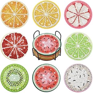 8 Pcs Diamond Painting Coasters 4 Inch DIY Coasters with Holder for Drinks Diamond Art Supplies Painting Kit for Beginners Adults Craft(Fruit Style) Tessco