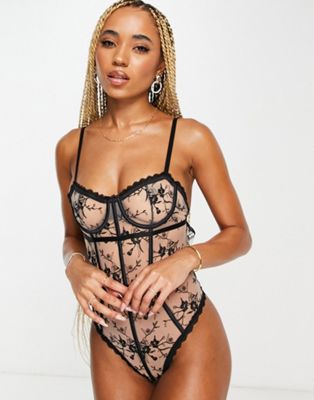 Lost Ink tattoo floral balconette corset style bodysuit in black LOST INK