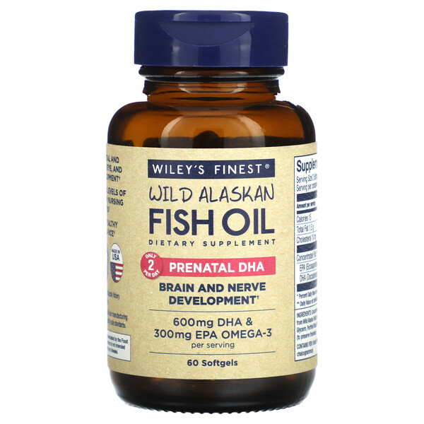 Жир дикой рыбы Аляски, ДГК для беременных, 600 мг, 60 мягких желатиновых капсул из рыбы Wiley's Finest