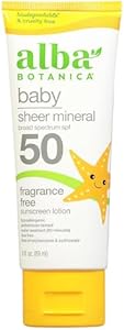 Детское солнцезащитное средство Alba Botanica Baby Sunscreen для лица и тела, минеральный лосьон, широкоспектрный SPF 50, водостойкий и без запаха, 85 мл Alba Botanica