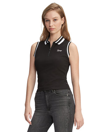 Women's Striped-Edge Zippered Polo Top Tommy Jeans