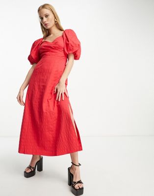 Красное тканое платье миди с объемными рукавами & Other Stories & OTHER STORIES
