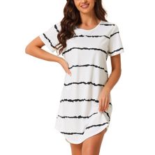 Women's Round Neck Nightshirt Striped Short Sleeve Sleepshirt Nightgown Cheibear