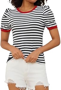 MISSACTIVER Women Striped Color Block T-Shirts Crew Neck Short Puff Sleeve Slim Fit Pullover Shirt Casual Summer Tee Tops Missactiver