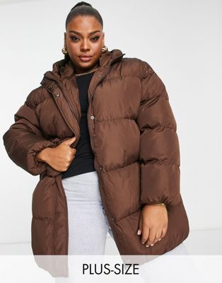 Glamorous Curve mid length hooded puffer coat in brown Glamorous Curve