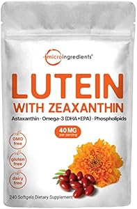 Micro Ingredients Lutein & Zeaxanthin 40mg Softgels (Мягкие капсулы), 240 Count, with Astaxanthin, Omega-3s, & Phospholipids | Eye + Vision Health Vitamins | Third Party Tested, Non-GMO, Gluten Free Micro Ingredients