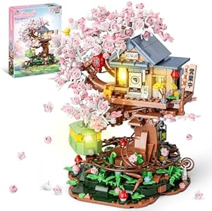 Cherry Blossom Treehouse Building Set for Girls 8-12, Compatible with Lego Friends, Flowers House Japanese Izakaya Shop Architecture Building Blocks Toy with Light for Adults, Gift for Kids (1098 PCS) QLT QIAOLETONG