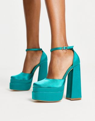 Glamorous Wide Fit platform heel sandals in teal satin exclusive to ASOS Glamorous Wide Fit